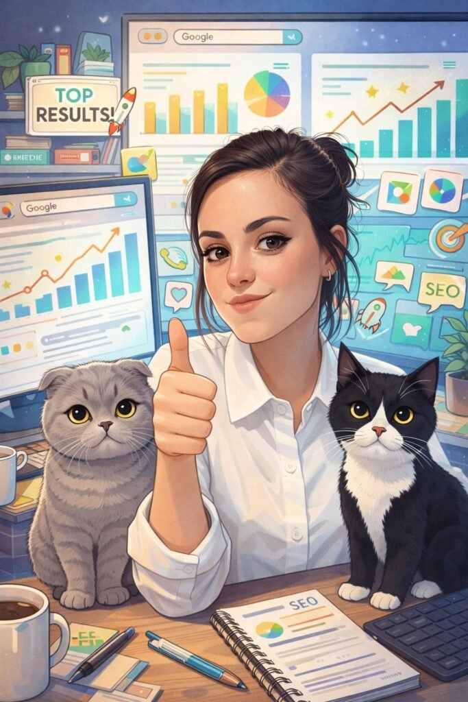 Una ilustración de la persona que está detrás de la Web con sus gatos.