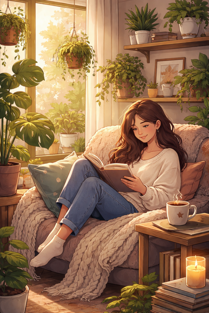 Ilustración de una chica leyendo en un sofá